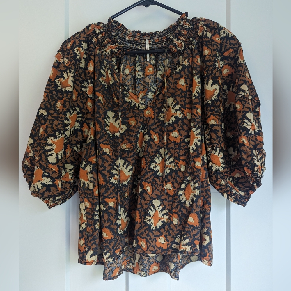 Free People Boho Peasant Top - Navy/Rust/Cream Floral/Tribal/Ikat Print - XS